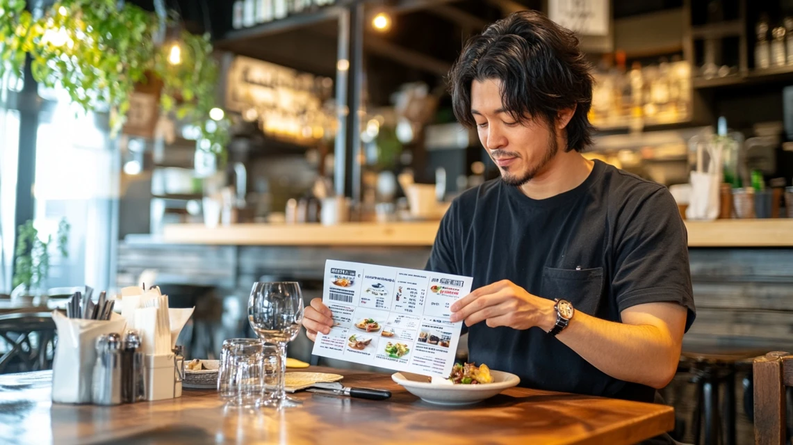 バーミヤンのクーポンチラシをチェックしている日本人男性のイメージ