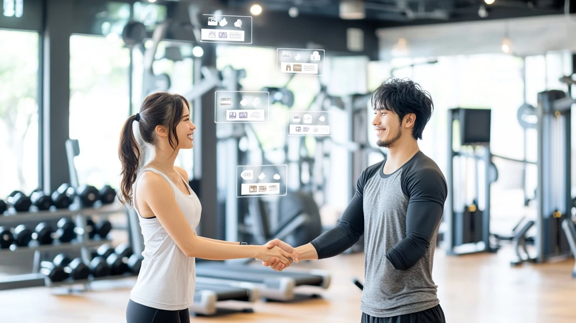 日本人の友人同士がジムで握手し、紹介クーポンを利用しているイメージ