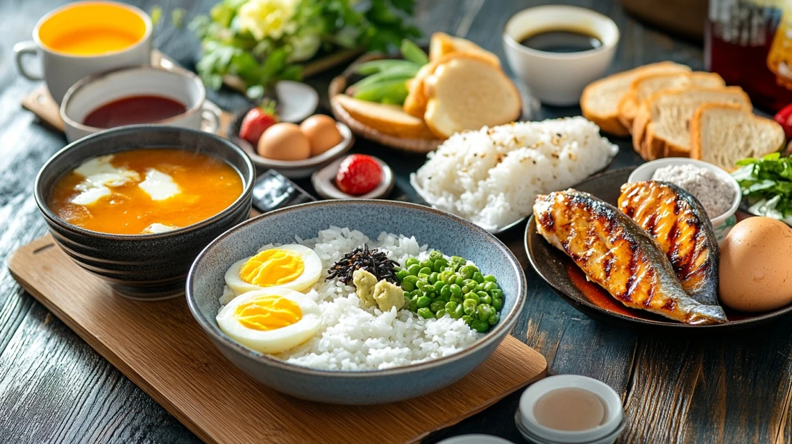味噌汁、ご飯、焼き魚、卵料理、果物が並ぶ朝食バイキング