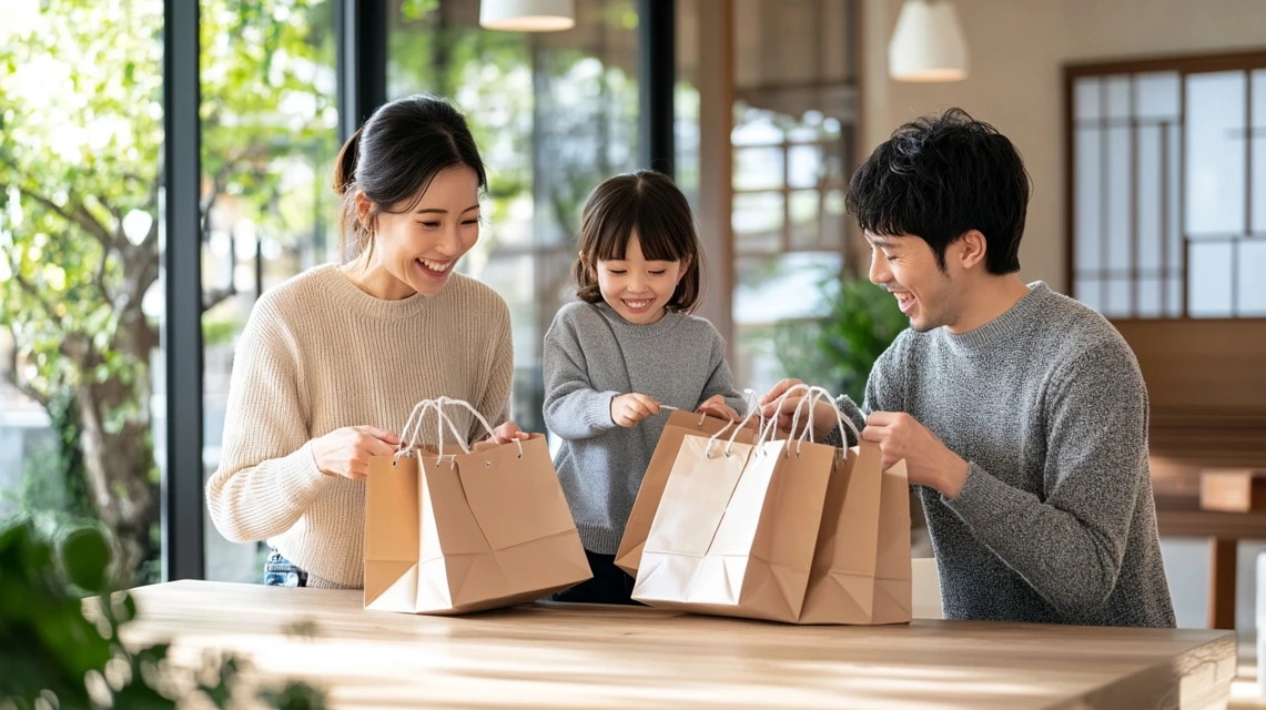 日本人の家族が買い物袋を開けて楽しそうにしている様子