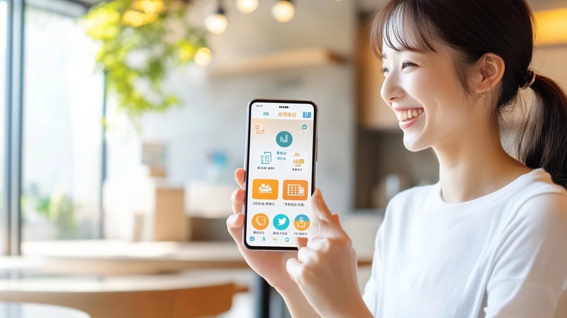 セカストアプリの便利機能を使っているイメージ。スマホで複数のサービスを操作。