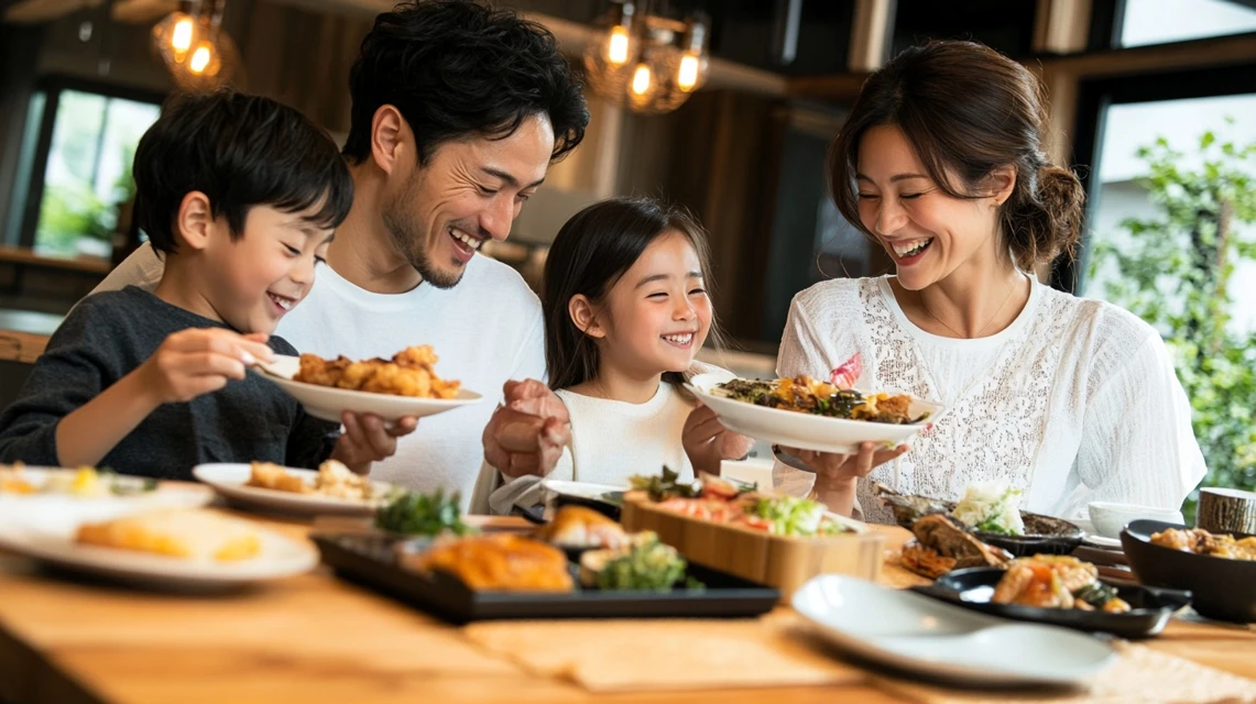 日本の家庭で家族が笑顔で宅配料理を囲み、クーポン番号や裏ワザを活用している幸せなシーン。