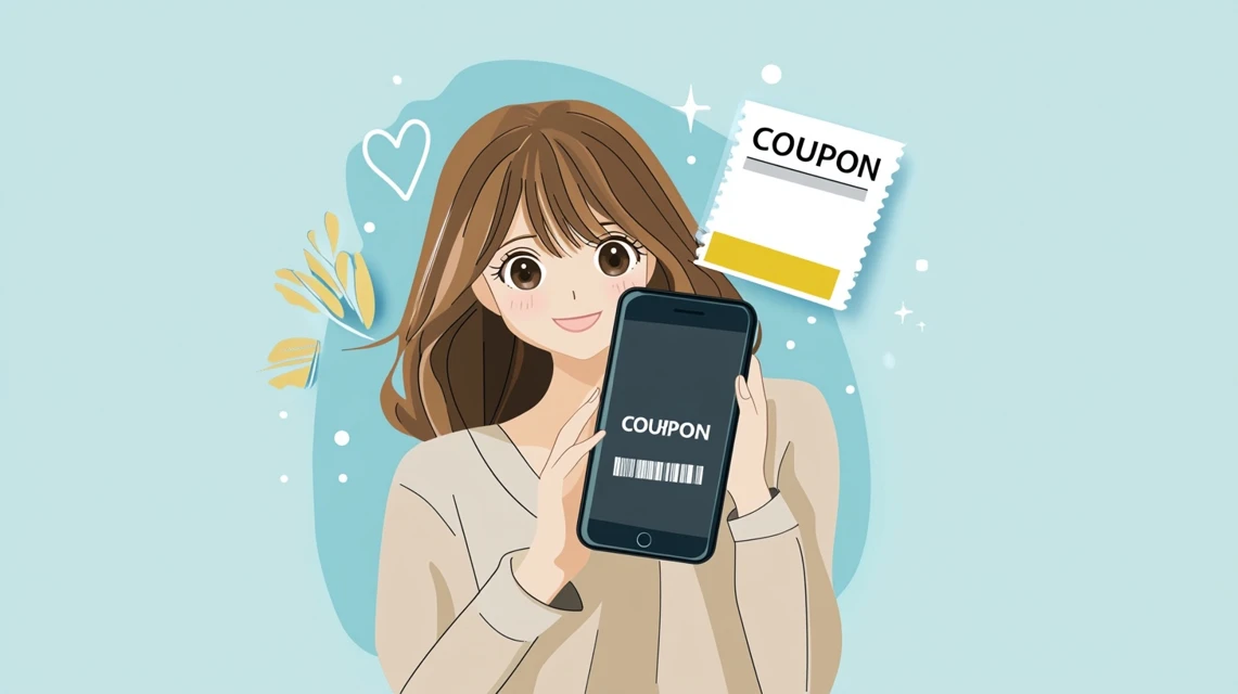 クーポン画面をスマホで表示し笑顔を見せる日本人女性のイラスト、明るく親しみやすい印象