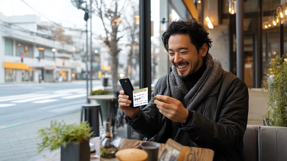 クーポンの通知をスマートフォンで受け取り喜んでいる日本人男性