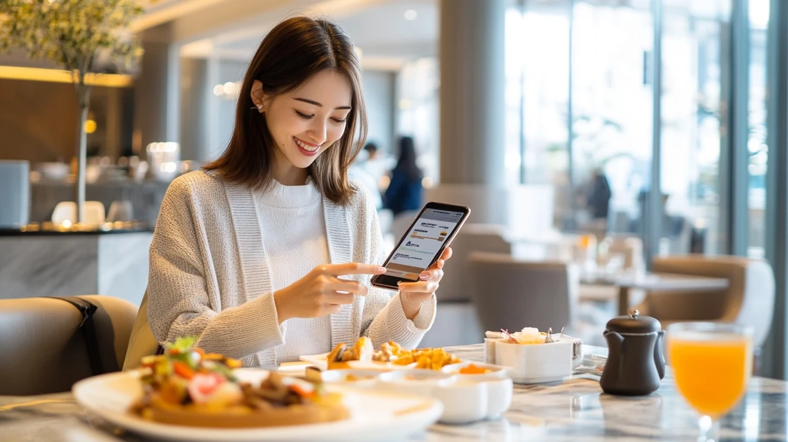 スマートフォンでスイスホテルのランチバイキングをクーポン利用予約しているイメージ