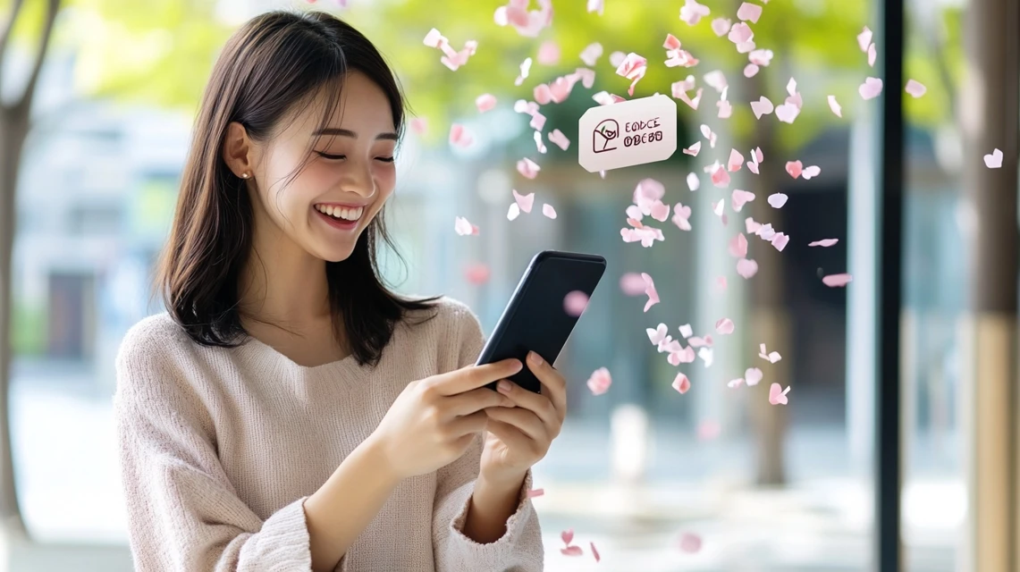 Makuakeの1000円クーポンを使ってお得に応援購入できたことを喜ぶ日本人の笑顔