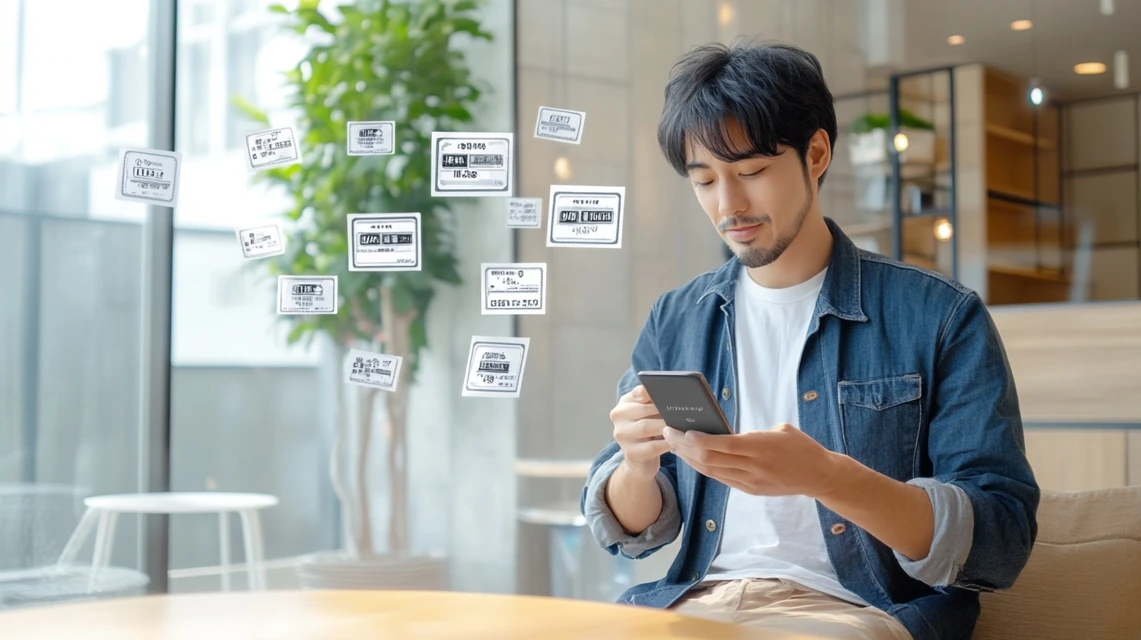 靴店のカウンターで会員特典を受け取る日本人のイメージ