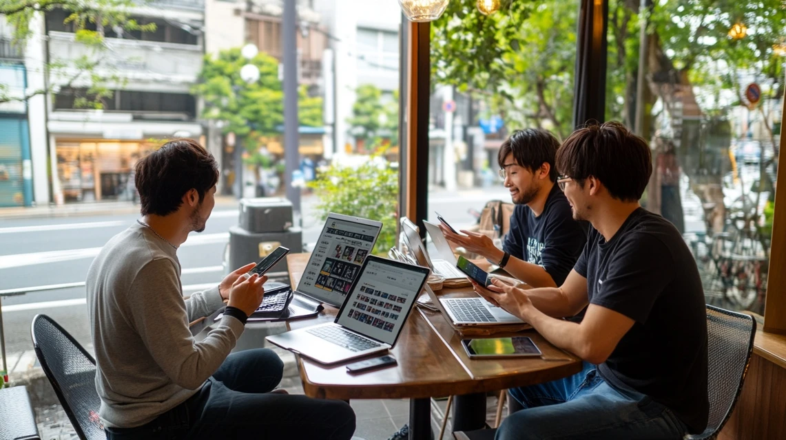 カフェのテーブルで日本人の友人たちがスマートフォンやノートパソコンを見ながらチケットについて話している場面