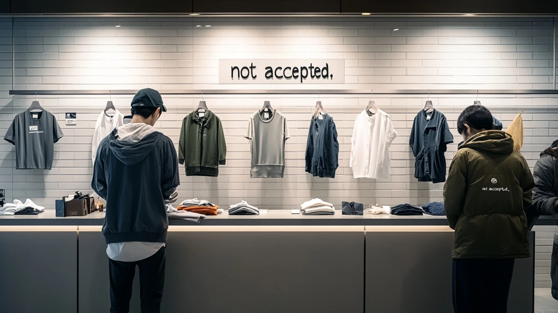 買い取れない服を仕分けしているイメージ。店舗スタッフと服のやりとりを表現。