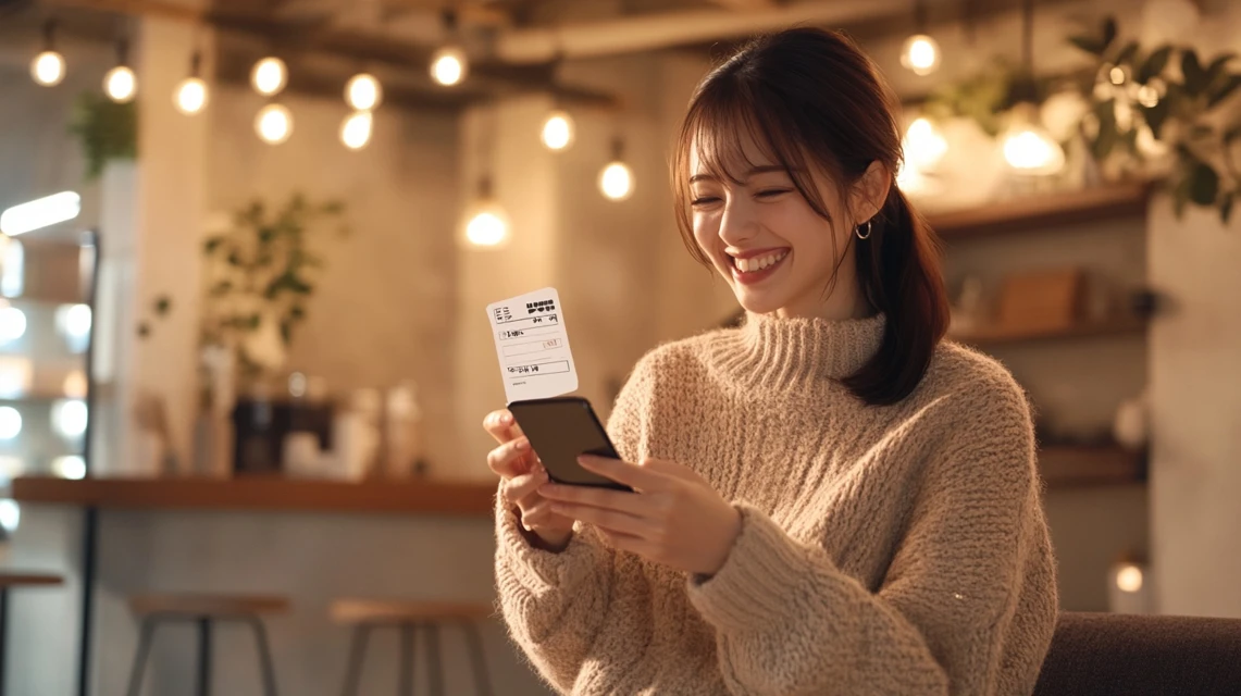 スタッフにu-next映画クーポンを見せてチケットを受け取る日本人女性
