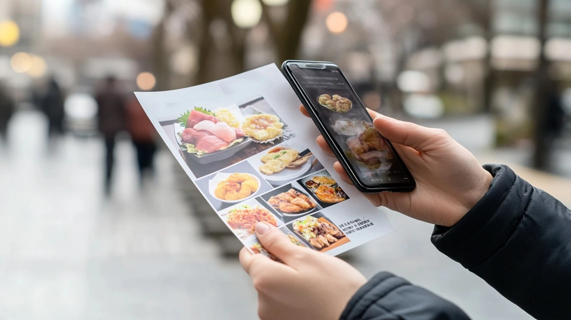 紙のチラシを手に取り、スマホで宅配クーポン番号を確認しながら注文する日本人の様子。
