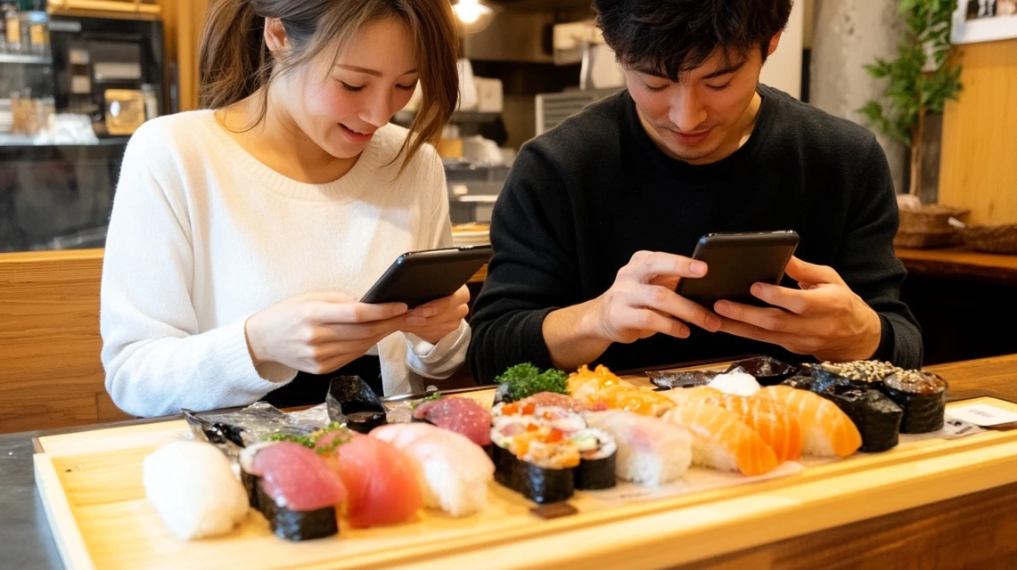 日本人カップルが魚べいの寿司を前に、スマホ画面を見ながら割引情報を確認している様子
