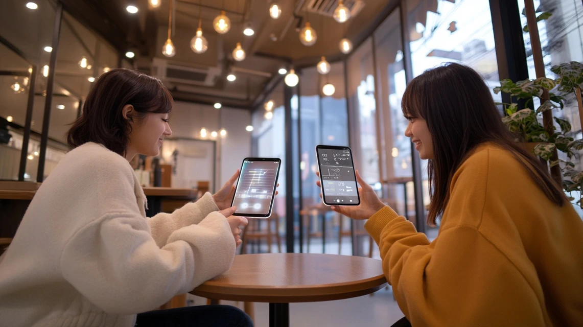 AndroidとiPhoneを並べて入力画面を比較する日本人の友人同士