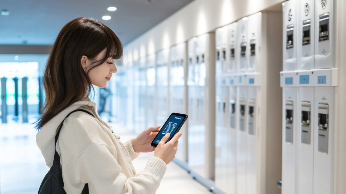 日本人女性がジムのロッカールームでスマートフォンにクーポンコードを入力している様子