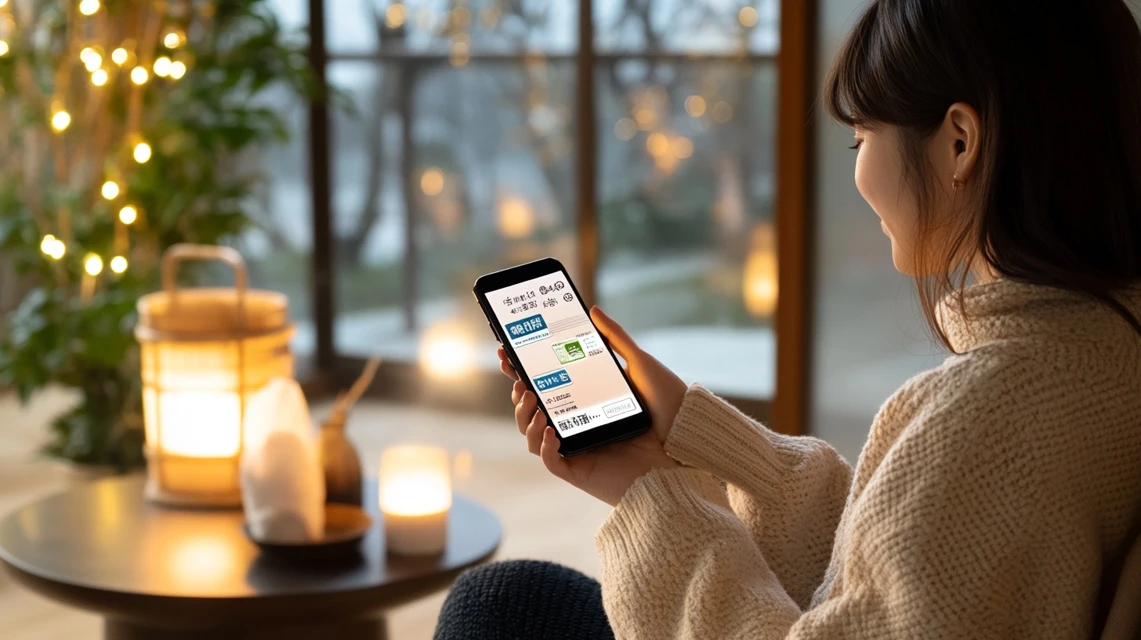 スマートフォンでLINEクーポンを確認する日本人女性