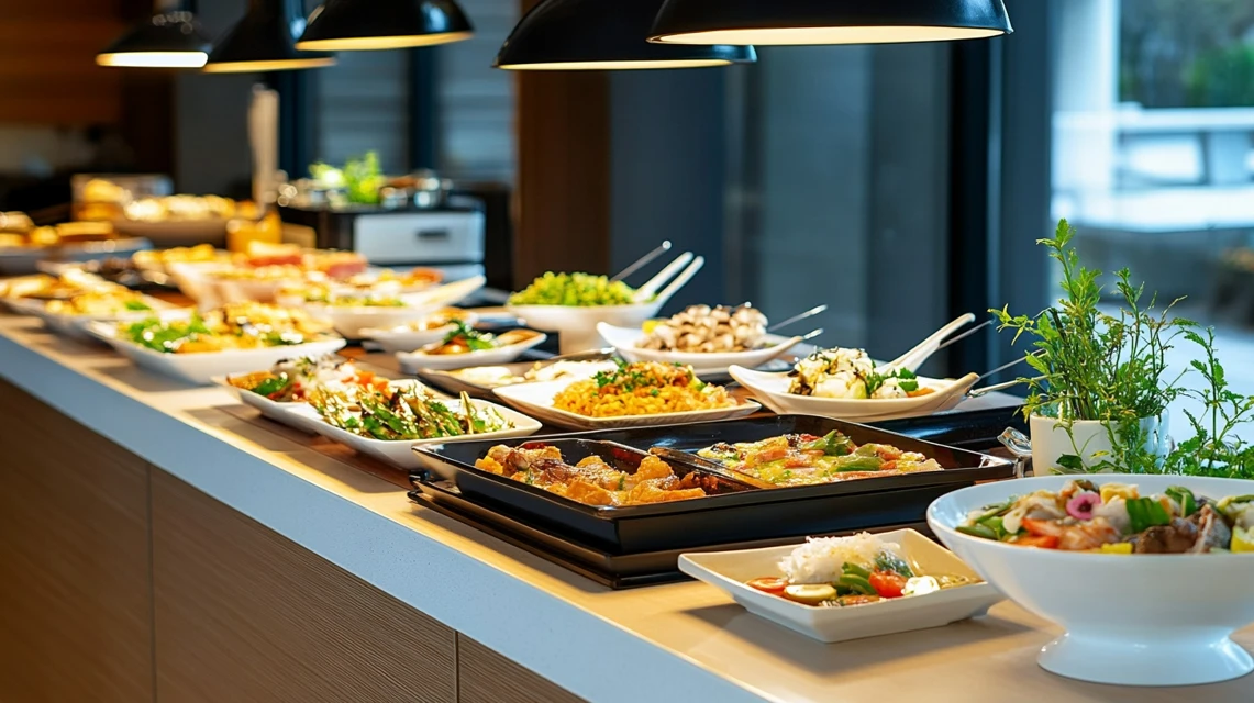 ホテルレストランの豪華なバイキング料理が並ぶテーブル