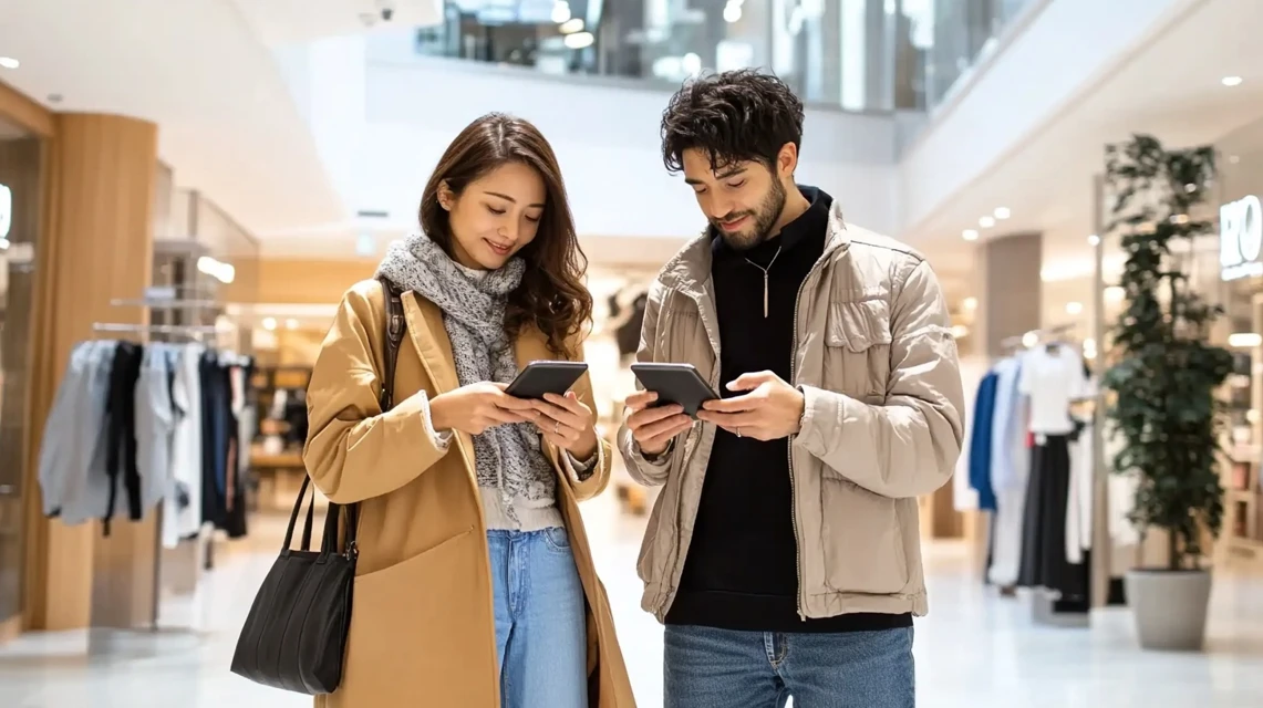 日本人のカップルがスマートフォンを見ながら料金を比較している様子