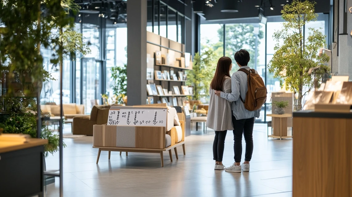 展示品の家具を見ながら検討している日本人カップル