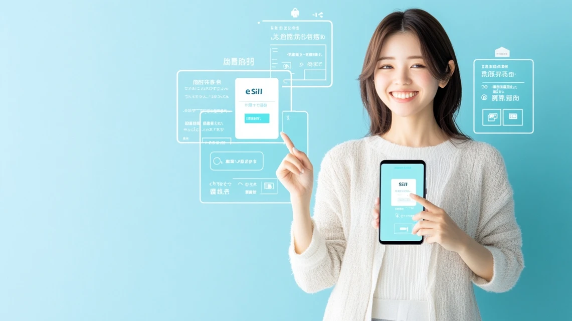 eSIMの使い方を丁寧に案内する日本人女性のスマートフォン操作シーン