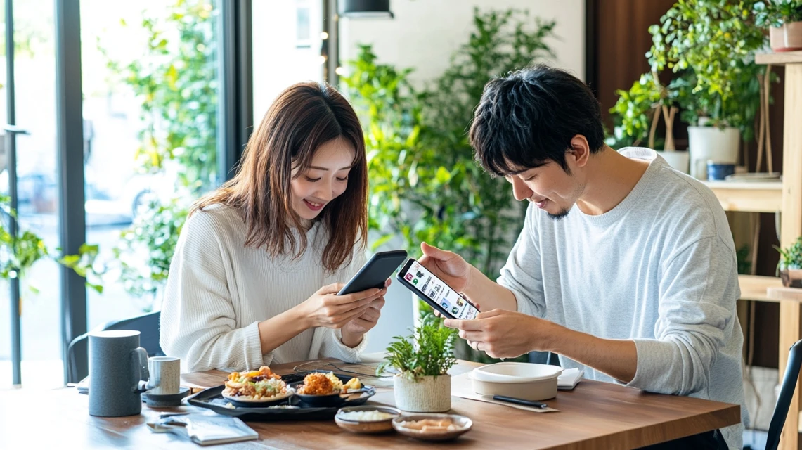 日本人の夫婦がスマホを見ながら宅配注文に使えるクーポン番号を確認している様子。裏ワザを活用して節約する場面を表現。