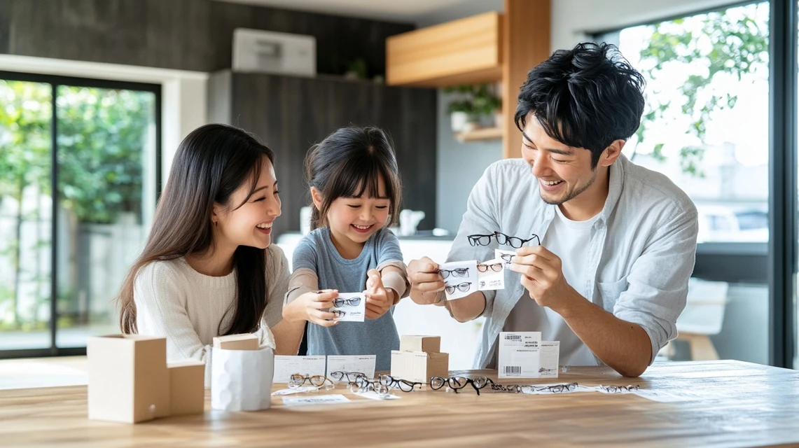 自宅でメガネとクーポンを見ながらお得に購入を検討する家族の様子