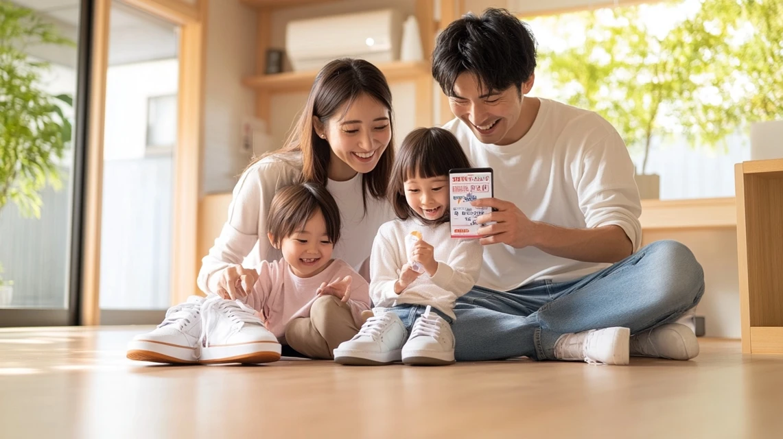 abcマートの誕生日クーポン1000円を利用して靴をお得に購入した日本人家族のイメージ