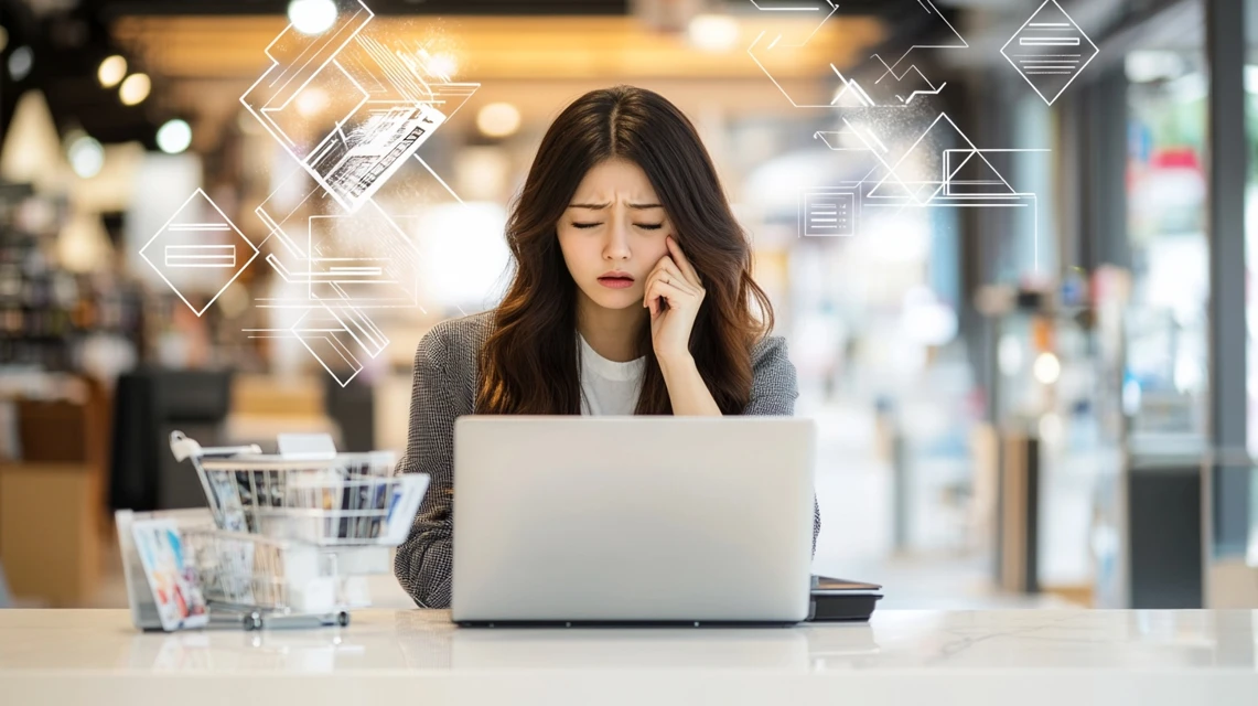 ノートパソコンで複数の店舗を比較しながら不満げな表情を見せる日本人女性