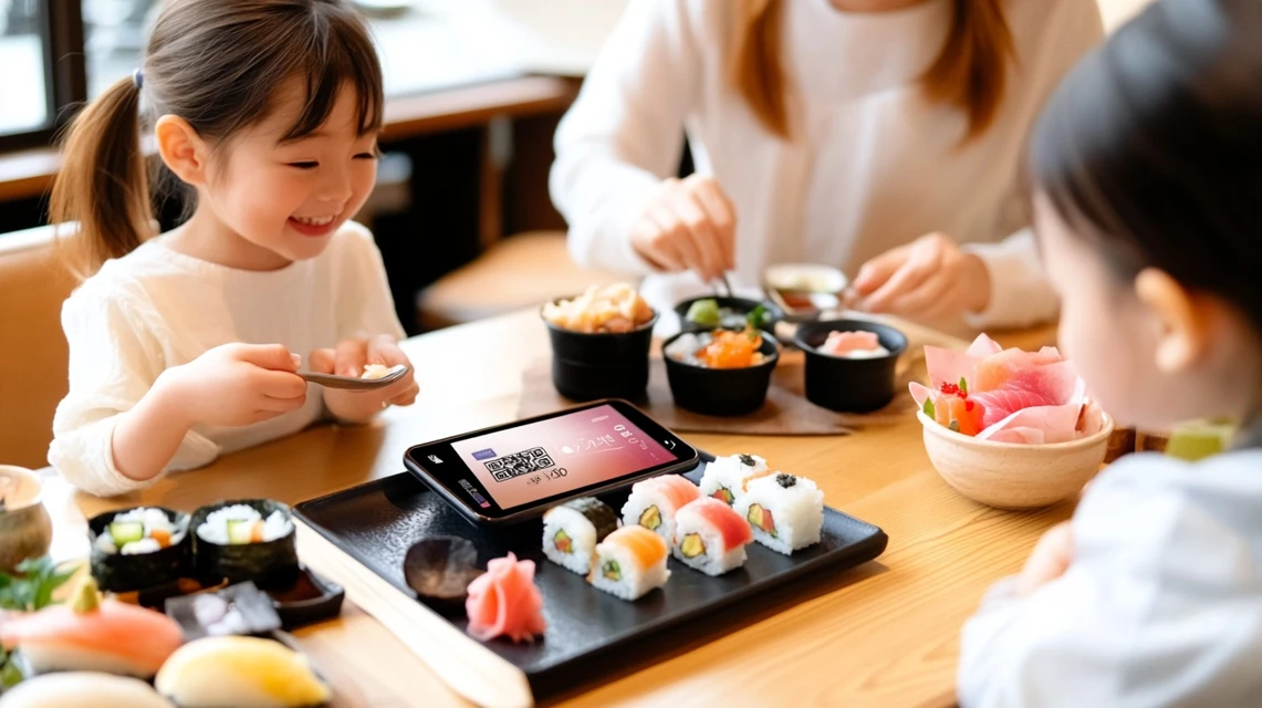 クーポンを使って寿司を囲んで笑顔で食事する日本人家族と、机上に置かれたスマートフォン