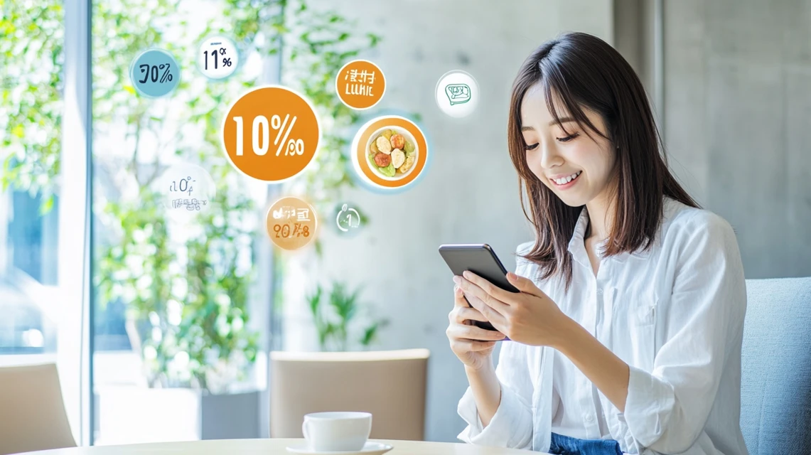 ちゅらとくのランチクーポンを使いタイムセールで安く予約する日本人女性のイメージ