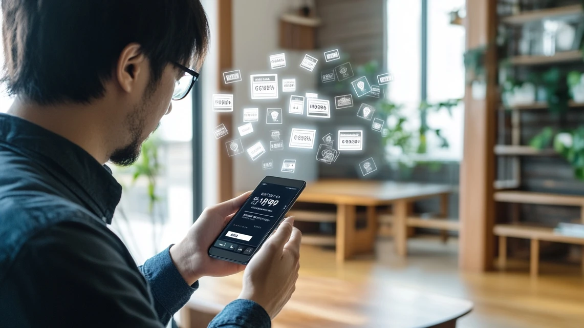 一休レストランクーポン1000円60分のコードをスマホ画面で確認する日本人男性のイメージ