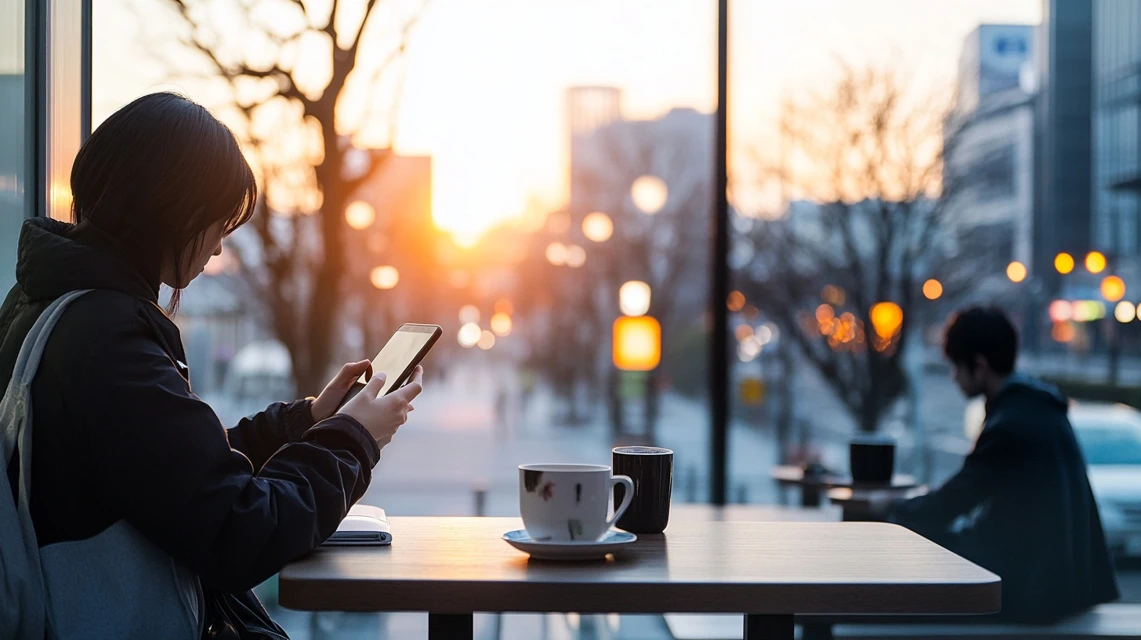 朝6時と午後3時にスマートフォンを見る日本人の2つの時間帯のシーンを比較