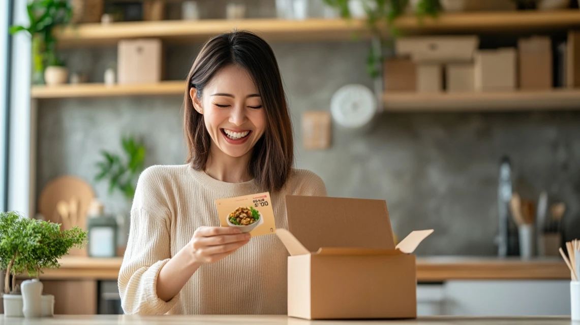 日本人女性がスマホに半額クーポン番号を入力し、宅配料理を注文する様子。