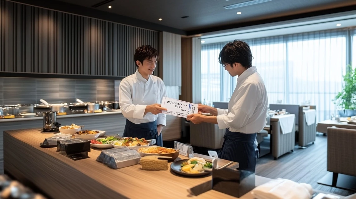 日本人カップルがバイキングでクーポンを提示している場面