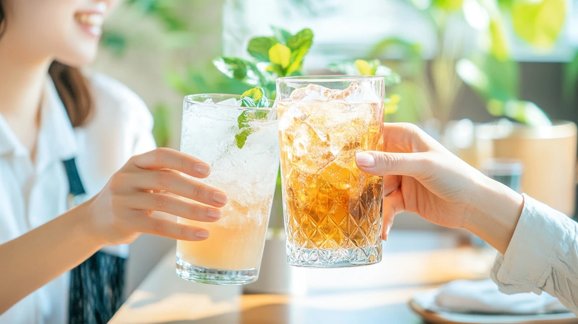 日本人夫婦が食卓でドリンクを楽しみながら、クーポン番号を活用している様子。