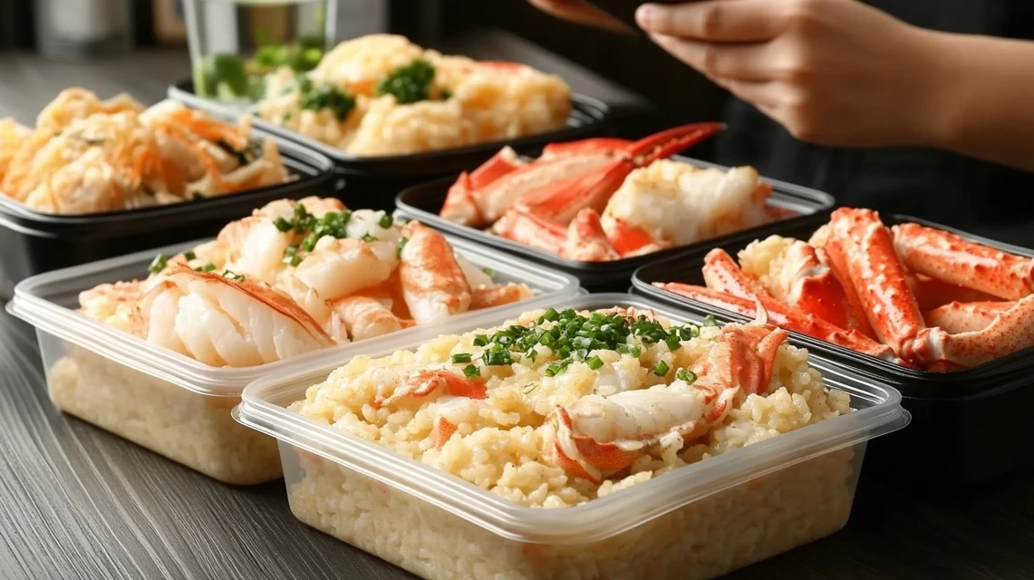 カニピラフなどの持ち帰り料理とメヒコのクーポンを確認する日本人のイメージ