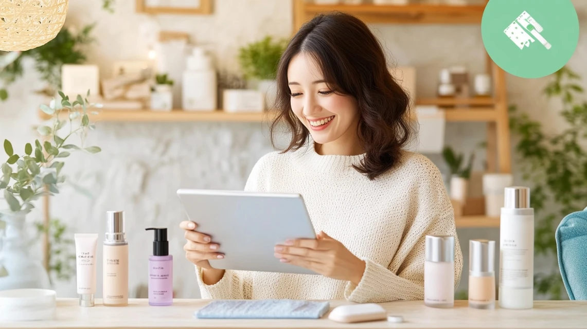 タブレットでショッピングサイトを閲覧する日本人女性。セールとクーポンを併用してお得に買う様子。