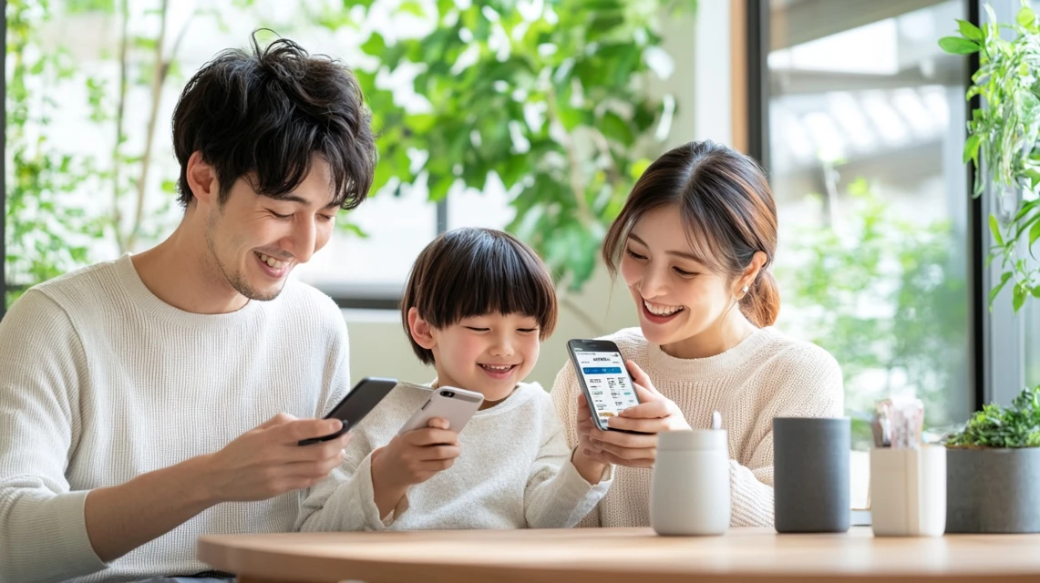 家族や友人と一緒にクーポンを活用して買い物を楽しむイメージ。賢く利用する様子を表現。