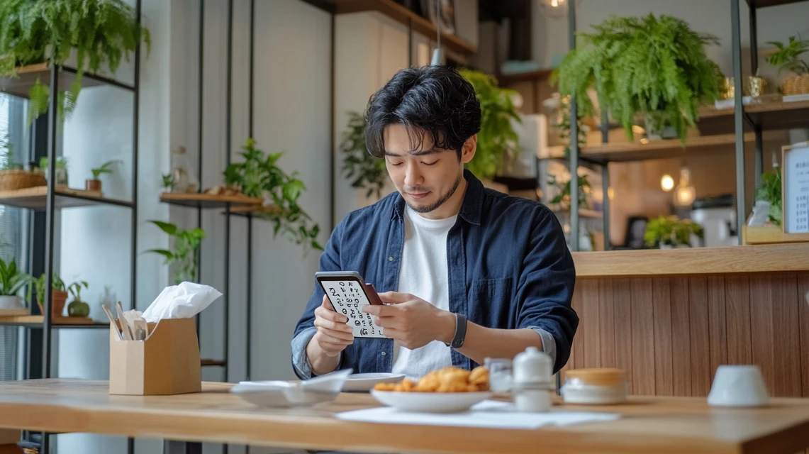 日本人男性がスマホにクーポン番号を入力し、宅配注文を準備しているシーン。