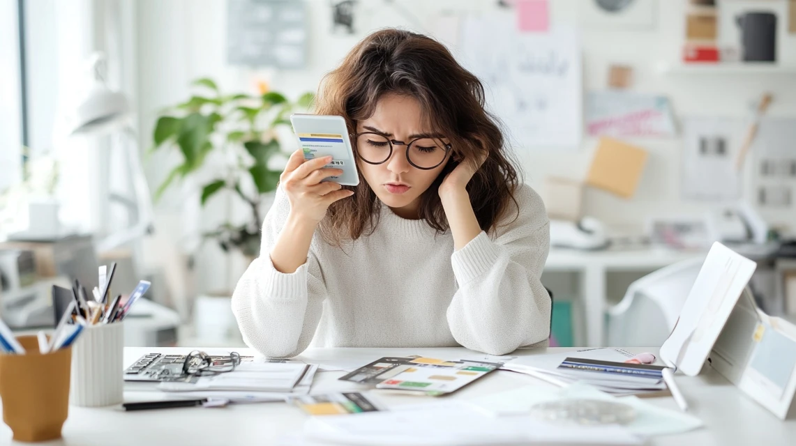 スマートフォンを持ちながら楽天のエラー表示に戸惑う日本人女性