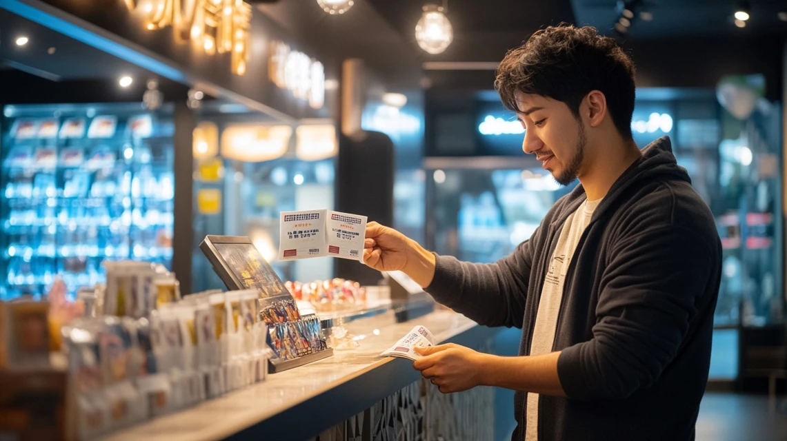 映画館でu-next映画クーポンを交換する流れを体験する日本人男性
