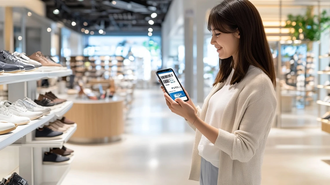 複数のクーポンをスマートフォンでチェックする日本人女性