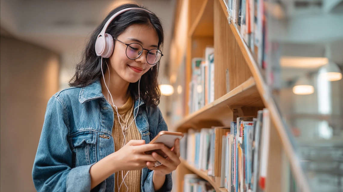 日本人学生がスマホアプリで講座動画をダウンロードして視聴しているシーン