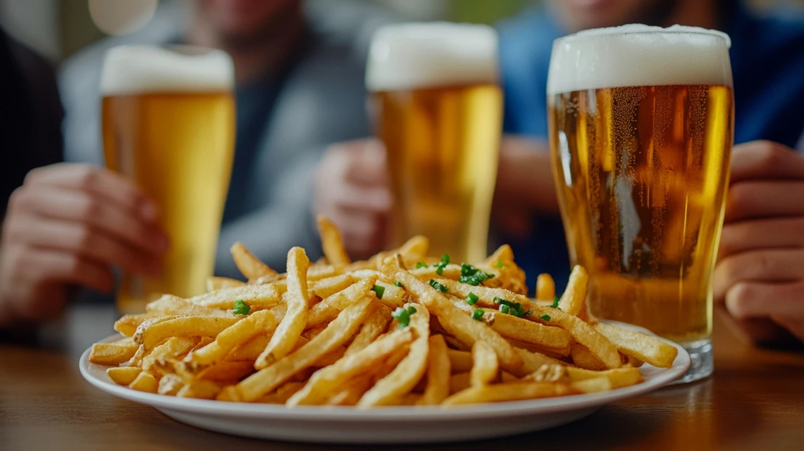日本人の友人グループが食卓でビールとポテトを囲み、クーポン番号を使って楽しんでいるシーン。