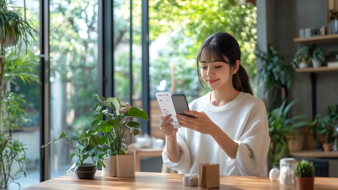 ラクマのアプリで商品をお気に入り登録し、クーポンを待つ日本人女性