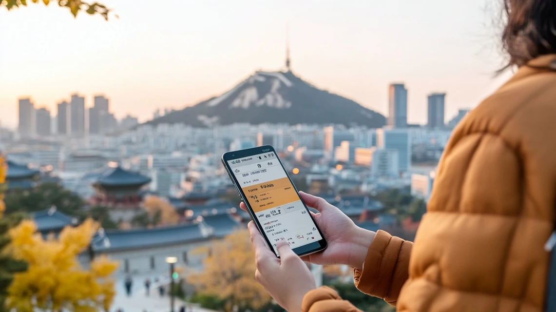 韓国旅行中にeSIM料金プランをスマホで確認する日本人旅行者