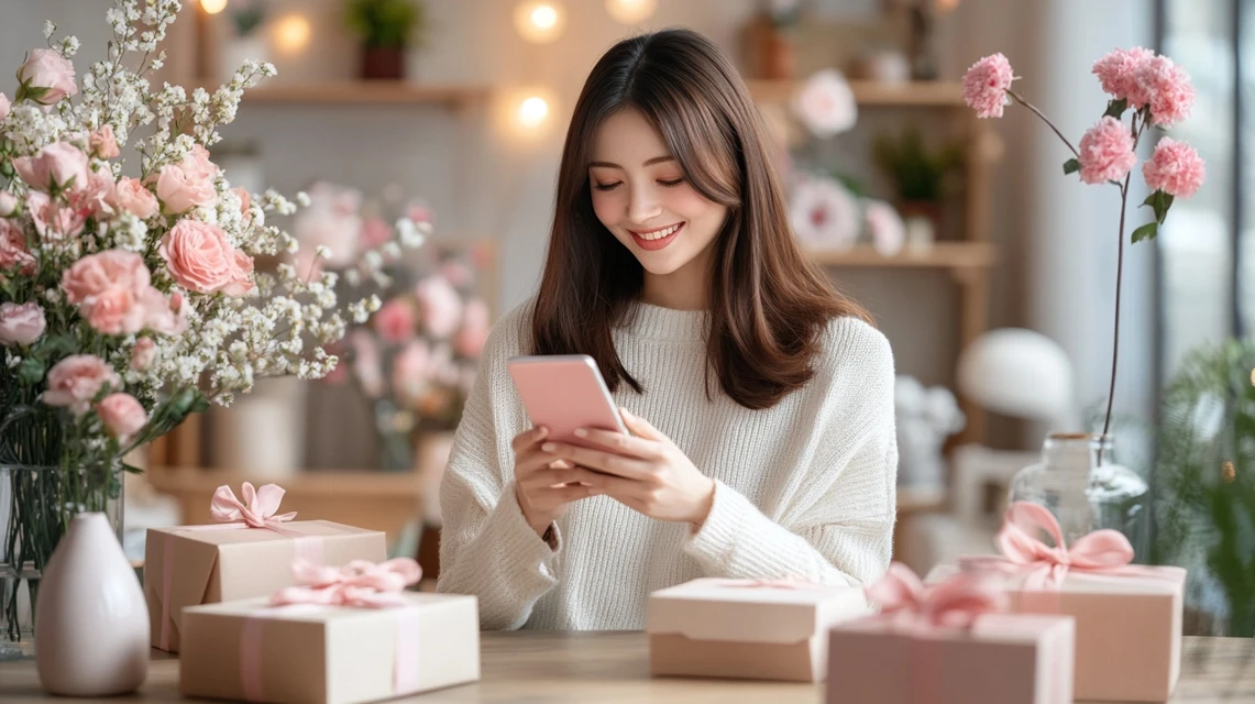 セール情報を見ながらワクワクした表情でスマホを操作する日本人女性とおしゃれな部屋