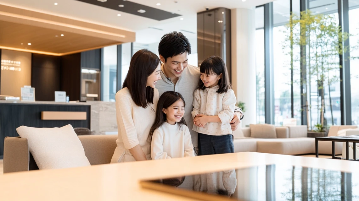 家具を購入して満足そうに笑顔を見せる日本人家族
