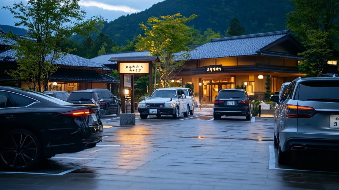 八尾おゆばの駐車場と温泉施設の外観