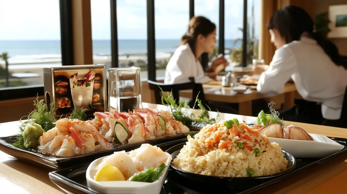 いわきマリンタワー店で海を眺めながらクーポンを使って食事を楽しむ日本人カップルのイメージ