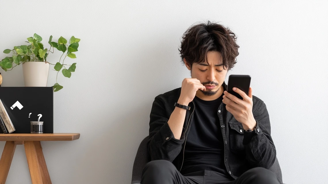 スマートフォンを見ながら不満そうな表情をしている日本人男性